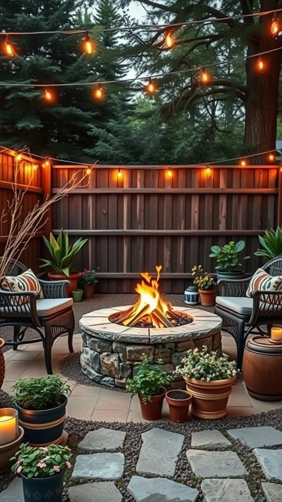 A cozy backyard fire pit area with string lights, seating, and potted plants.