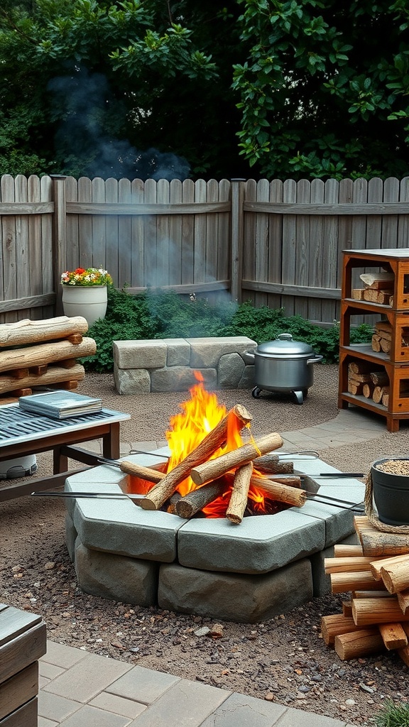 A DIY fire pit cooking station featuring a central fire pit with flames, surrounded by stone blocks, wooden benches, and stacks of firewood.