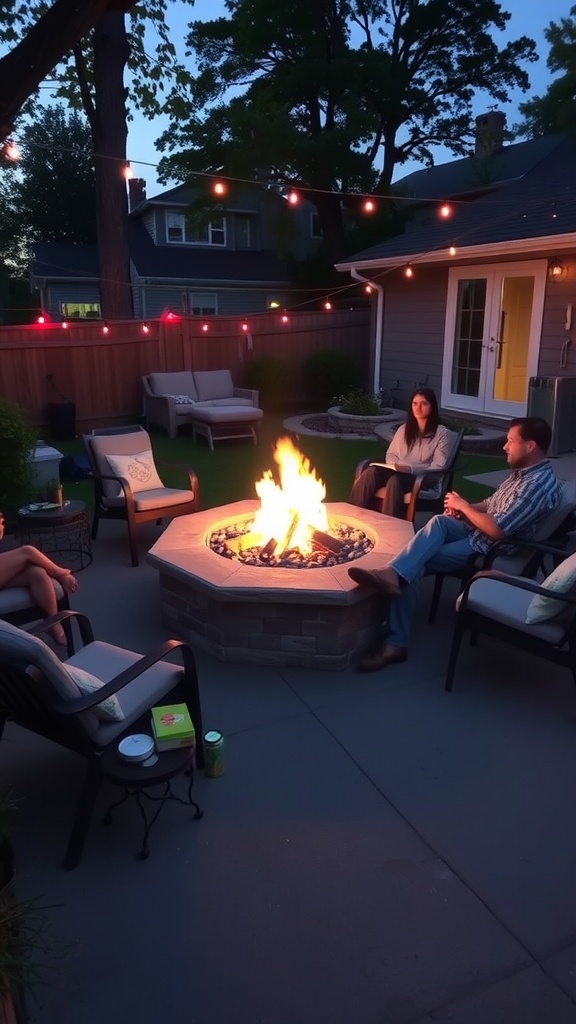 A cozy DIY fire pit surrounded by seating on a patio, with string lights above and people enjoying the evening.
