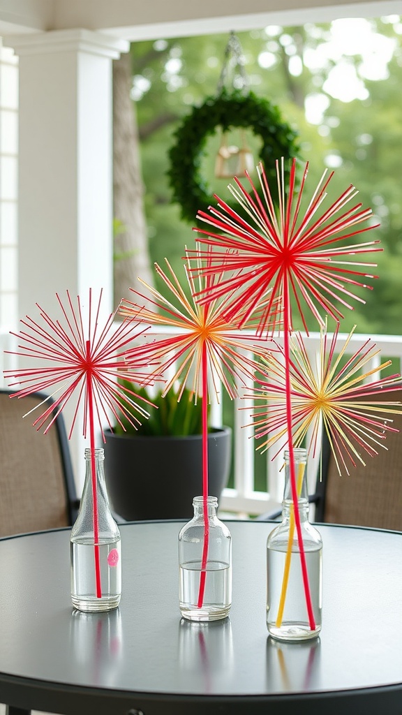 Colorful DIY firework-themed centerpieces made with straws in glass bottles.