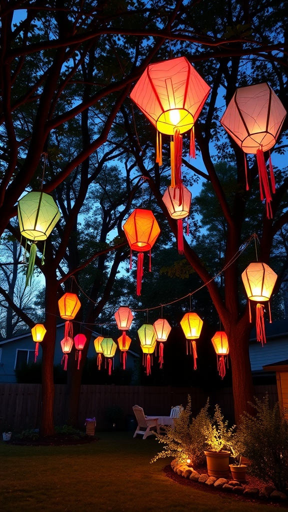 Colorful paper lanterns hanging in a backyard, illuminated in the evening sky.