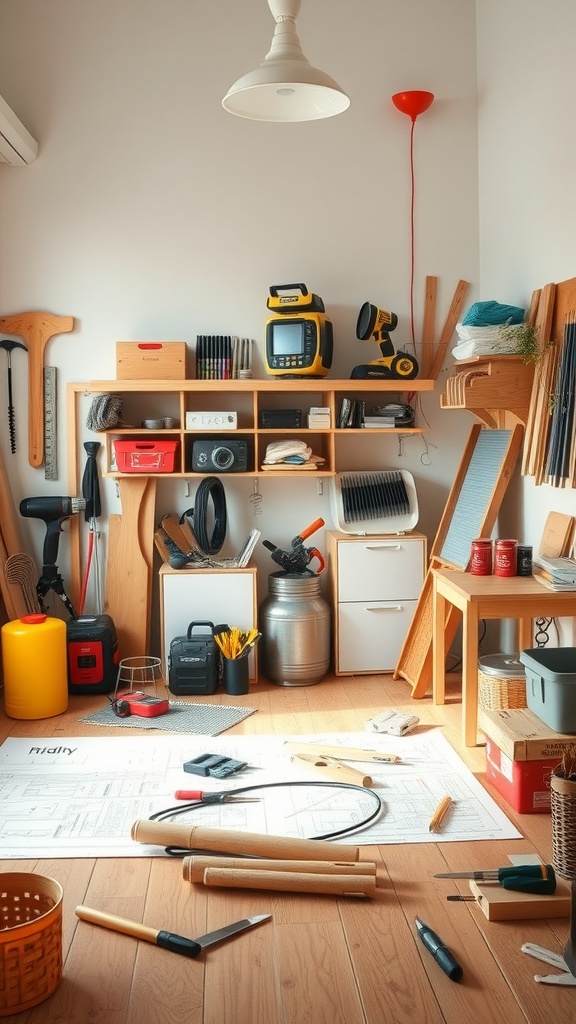 A small hobby room filled with tools, materials, and a cozy atmosphere.