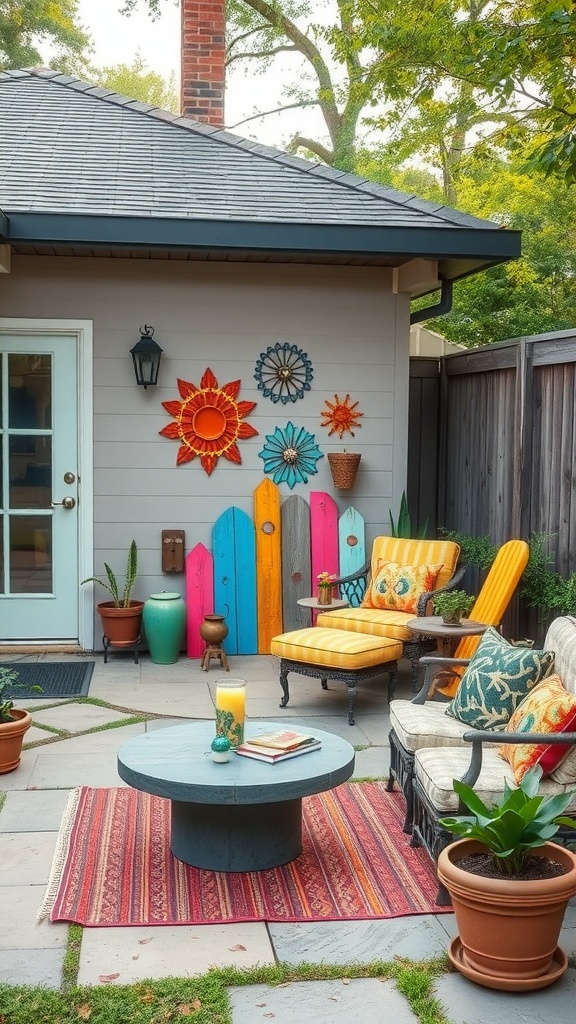 A cozy patio featuring colorful outdoor art, comfortable seating, and potted plants.