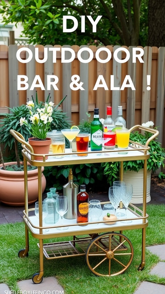 A DIY outdoor bar cart with colorful drinks and glasses in a backyard setting.