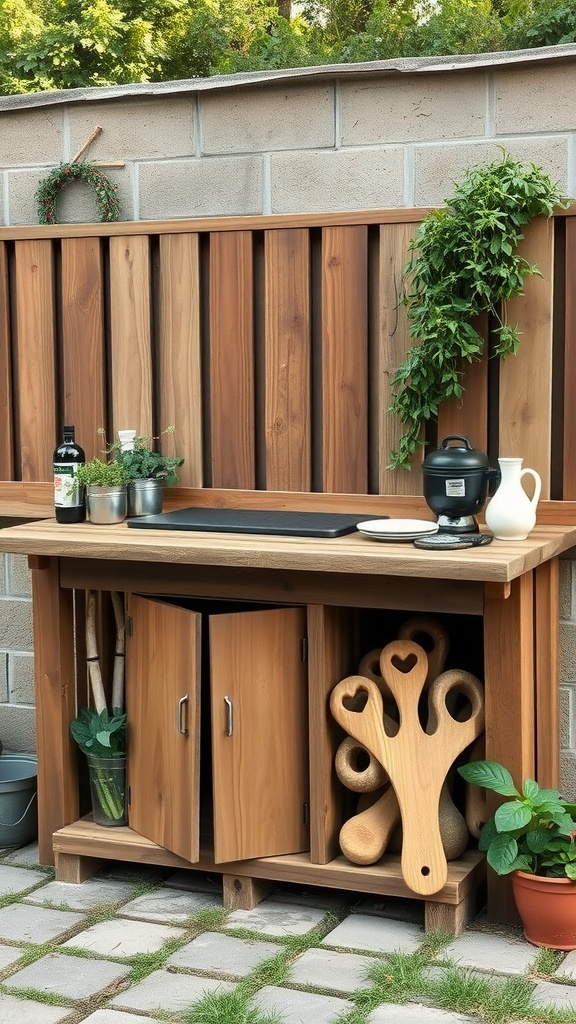 A rustic outdoor cooking station made of wood, featuring a countertop, cabinets, and potted plants.