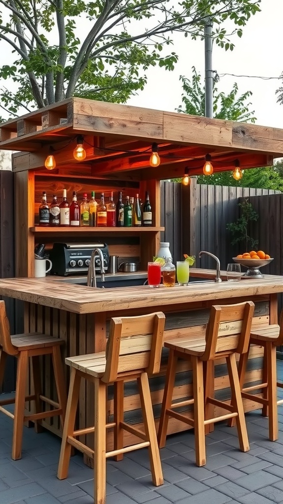 A DIY outdoor kitchen bar made of wood with colorful drinks on display and cozy lighting.