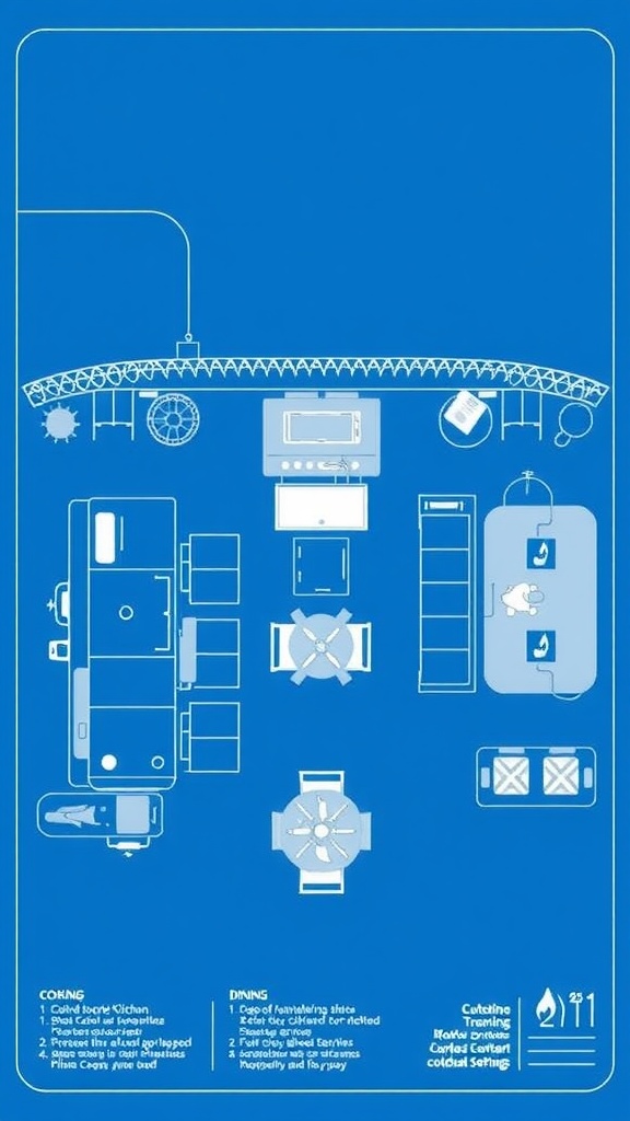 Blueprint of a DIY outdoor kitchen layout, showing cooking and dining areas.