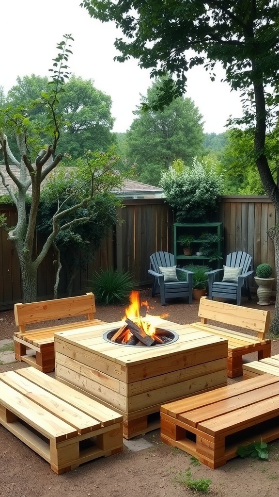A backyard with a DIY pallet fire pit table surrounded by wooden seating and greenery.