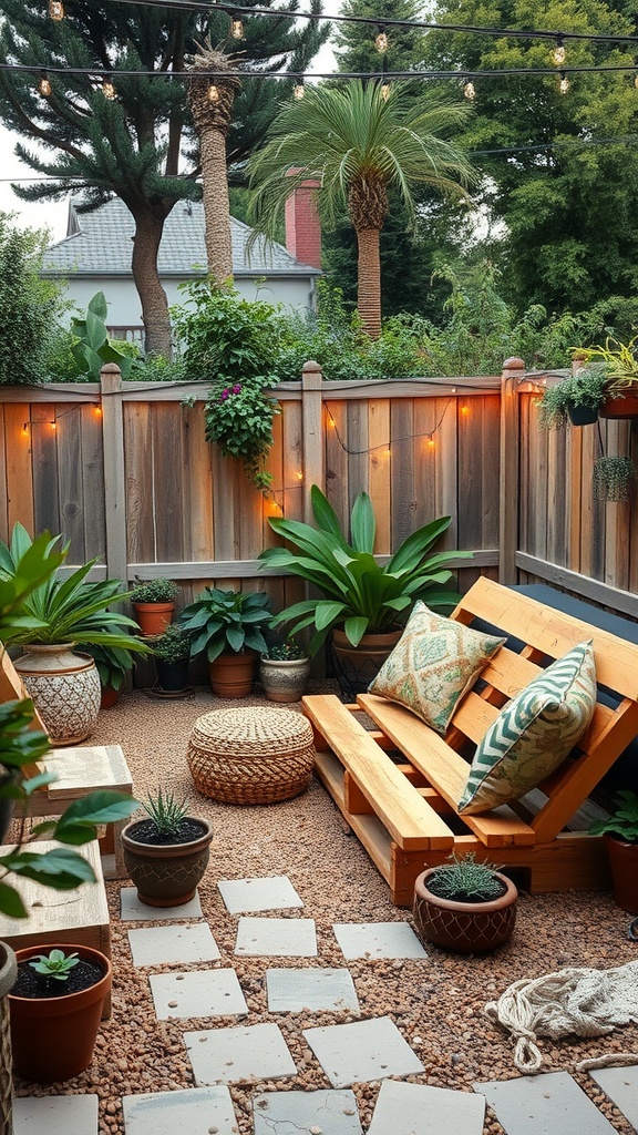 Cozy patio with DIY pallet furniture, plants, and string lights