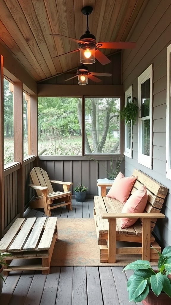 A small screened-in porch with DIY pallet furniture, featuring wooden chairs, a table, and potted plants.