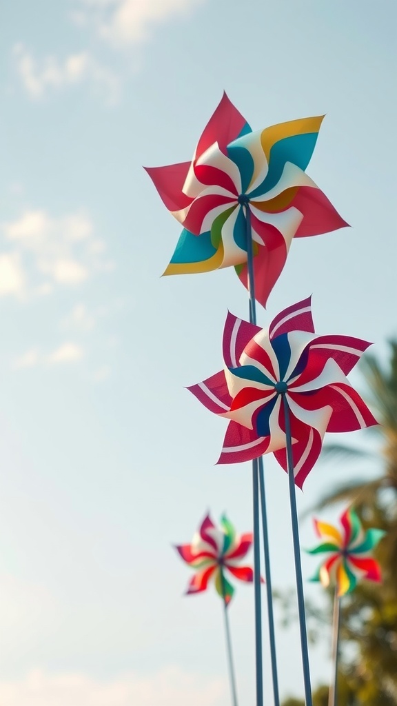 Colorful wind spinners in red, white, and blue against a clear sky
