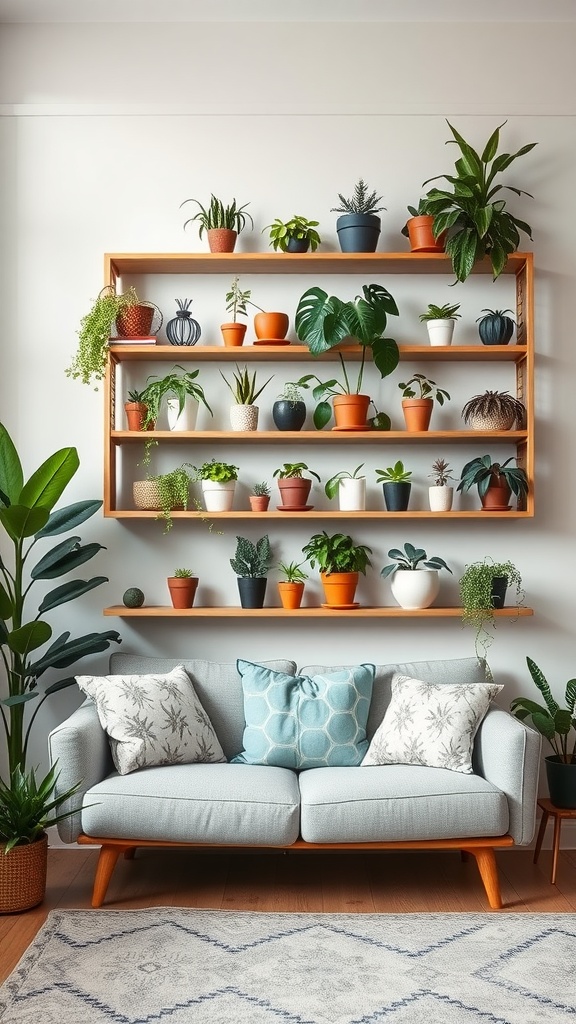 A living room with a light blue couch and wooden shelves filled with a variety of potted plants