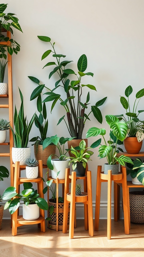 A stylish arrangement of indoor plants on wooden stands and shelves.