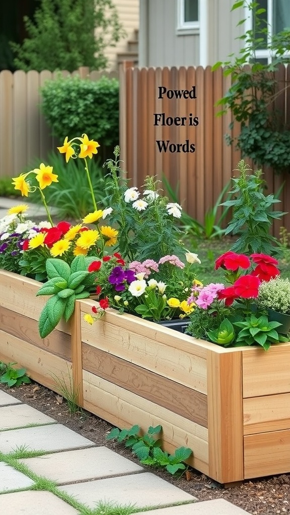 A wooden planter box filled with colorful flowers, set in a cozy backyard.