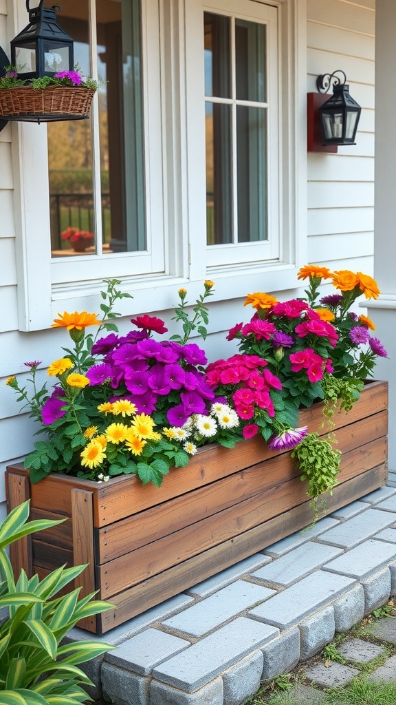 A wooden planter box filled with colorful flowers on a front porch.