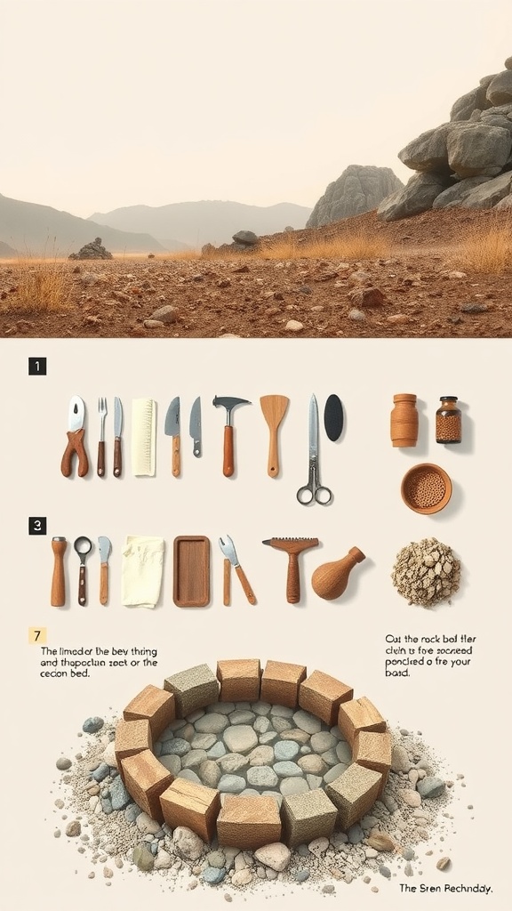 An illustration showing tools and materials for building a rock bed.