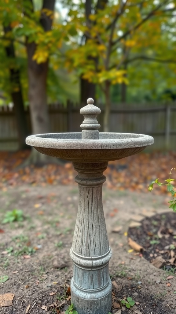 A rustic wooden bird bath in a garden setting, surrounded by trees and autumn leaves.