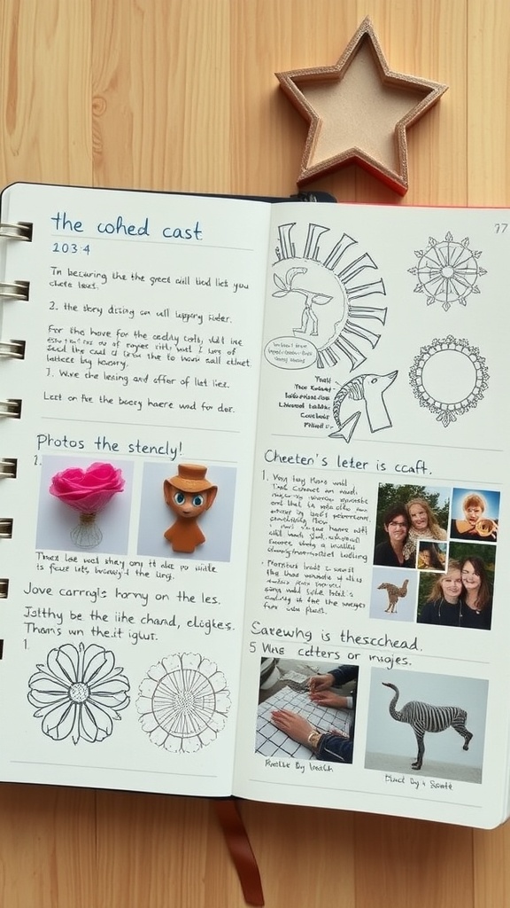 A crafting journal open to pages filled with sketches, notes, and photos of projects.