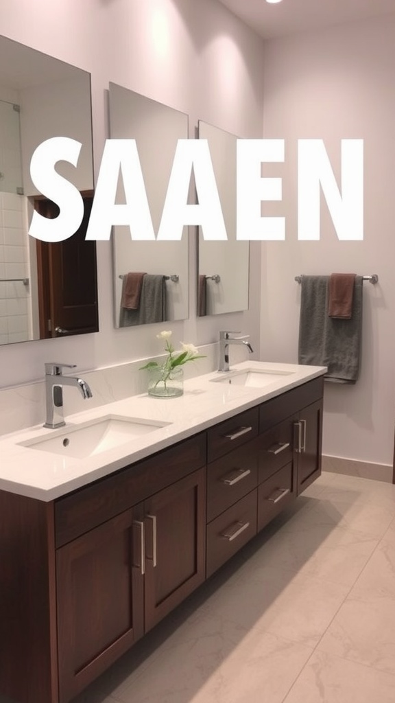 Modern bathroom with a double sink vanity and mirrors