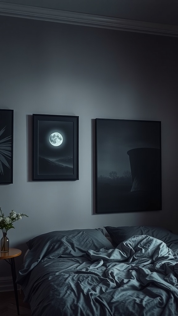 A moody bedroom featuring dark framed artwork, a moonlit scene, and soft bedding.