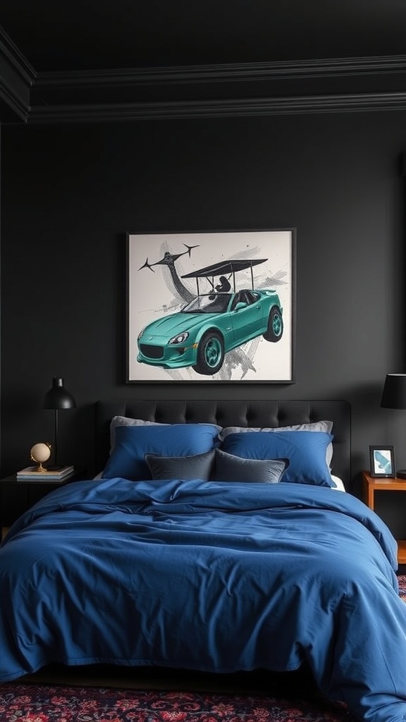 A bedroom with black walls, featuring a bed with blue bedding and a turquoise car artwork on the wall.