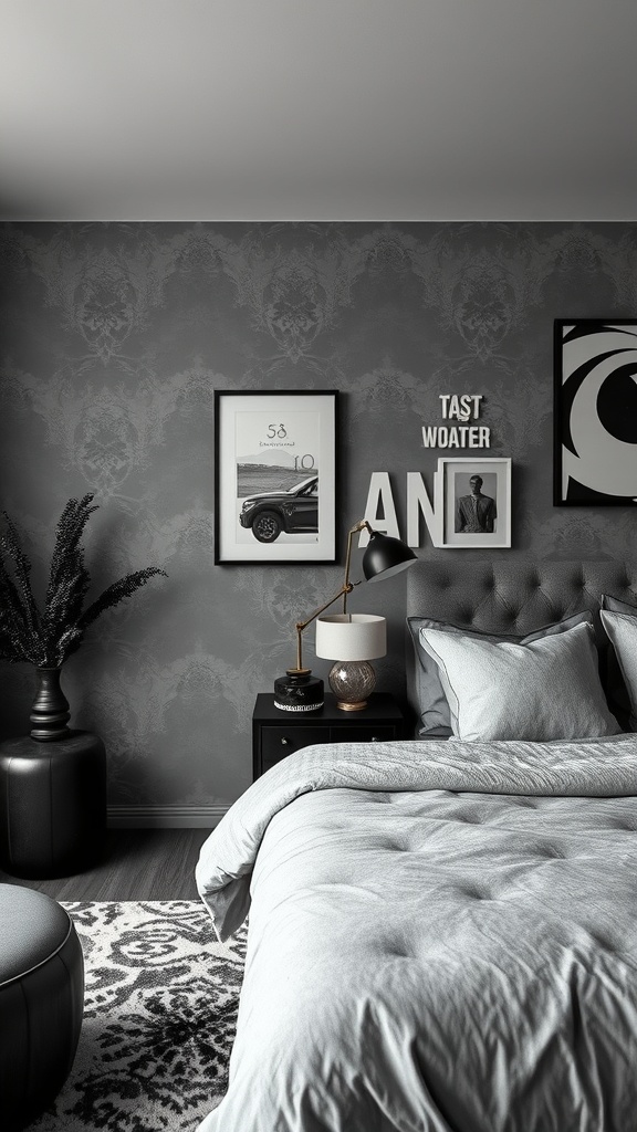 A stylish gray and black bedroom featuring textured wallpaper, plush bedding, and modern decor.