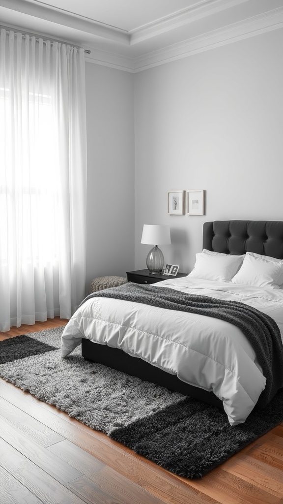 A modern black and white bedroom featuring a plush bed, soft rug, and sheer curtains.