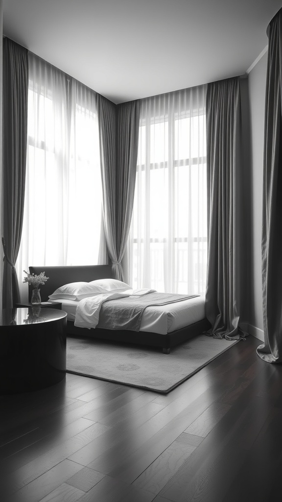A black and white bedroom featuring long, flowing curtains framing large windows, a bed with white linens, and a round black table.