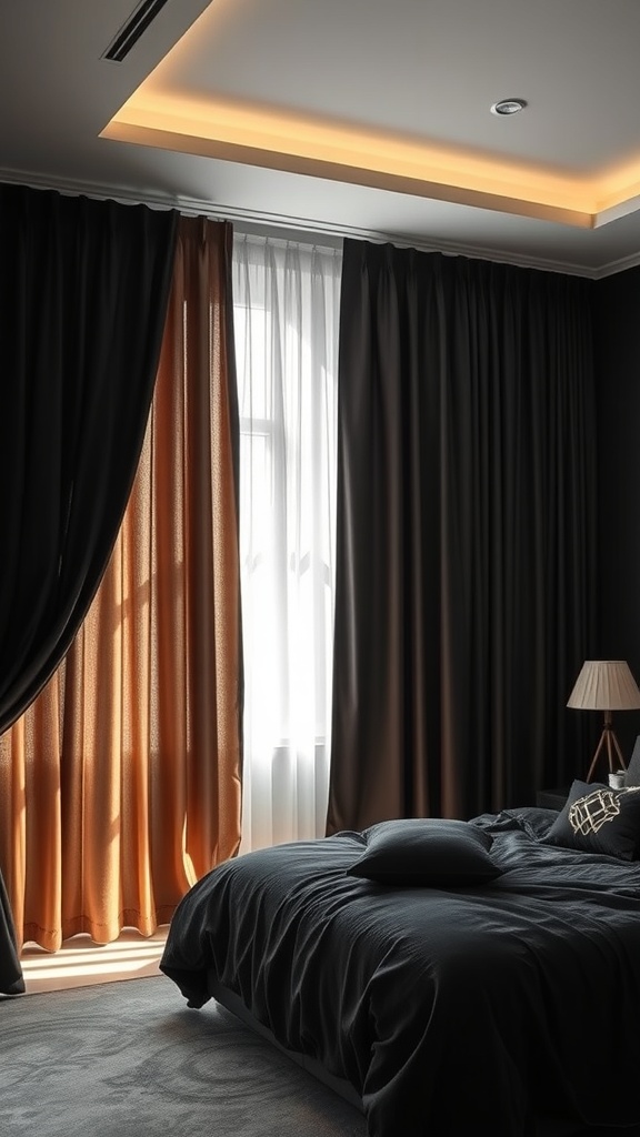 A stylish bedroom featuring black and brown curtains, with a cozy bed and warm lighting.