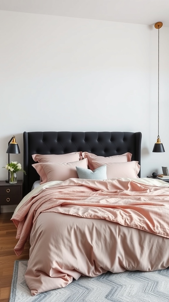 A stylish black tufted headboard with soft pink bedding in a modern bedroom