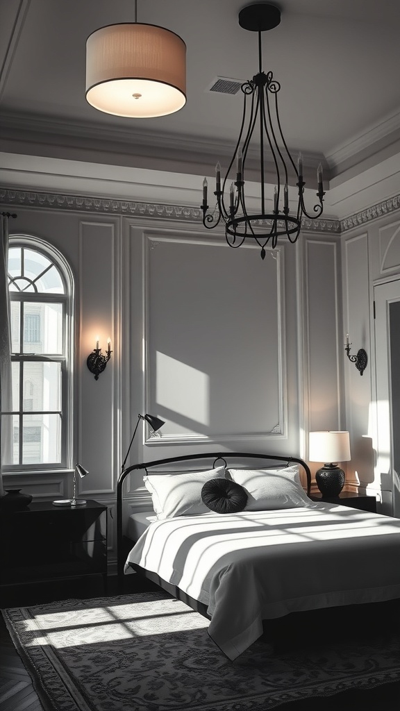 A black and white bedroom featuring a modern pendant light and an elegant chandelier, casting dramatic shadows.