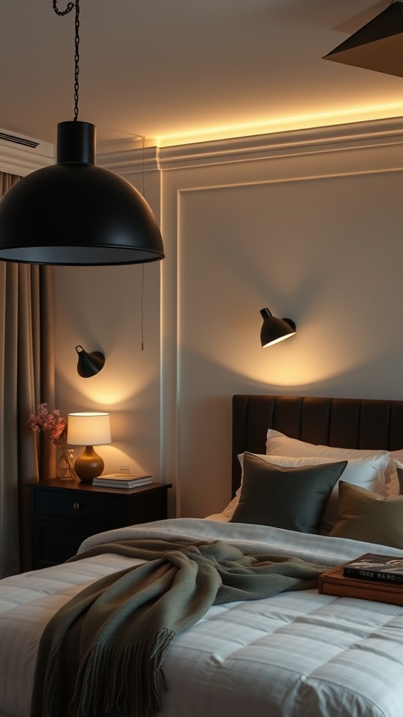 A stylish black bedroom featuring dramatic lighting fixtures, including a large pendant light and wall sconces, creating a cozy atmosphere.