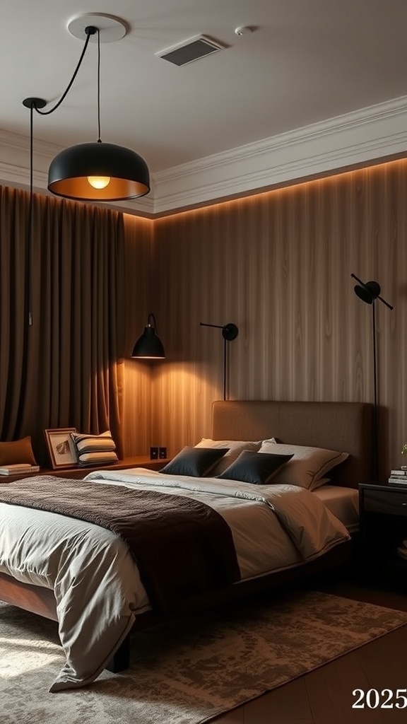 A cozy bedroom featuring dramatic dark-toned lighting fixtures and warm brown bedding.