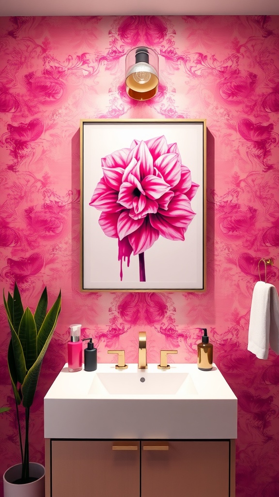 A pink bathroom featuring a bold flower artwork, patterned wallpaper, and stylish fixtures