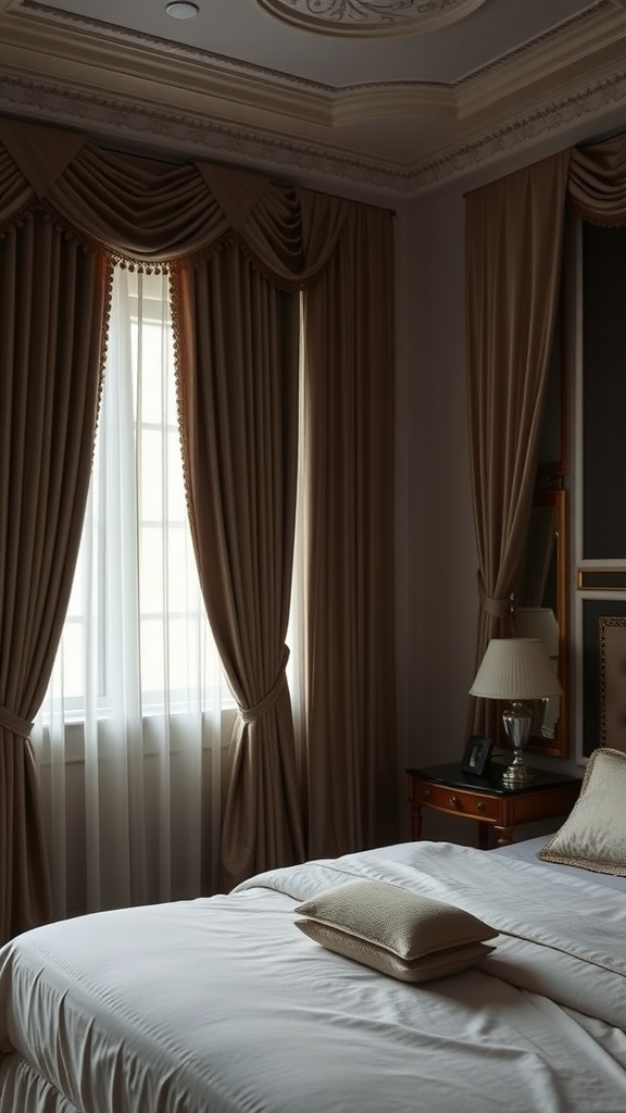 A classy bedroom featuring elegant, flowing curtains framing a window, with a warm color palette and luxurious decor.
