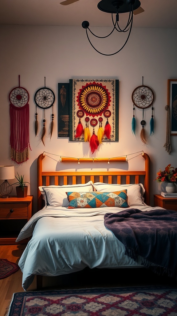 A cozy boho bedroom featuring dreamcatchers and colorful wall art.