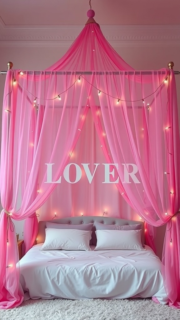 Canopy bed with pink drapes and fairy lights in a girly bedroom