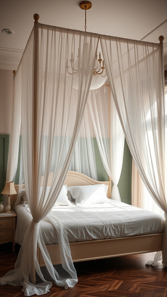 A cozy bedroom featuring a canopy bed with sheer drapes and a chandelier.