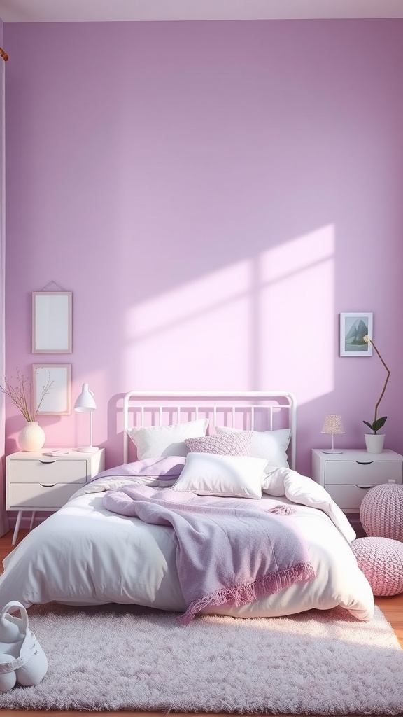 A serene bedroom with lavender walls, a cozy bed, and soft textures.