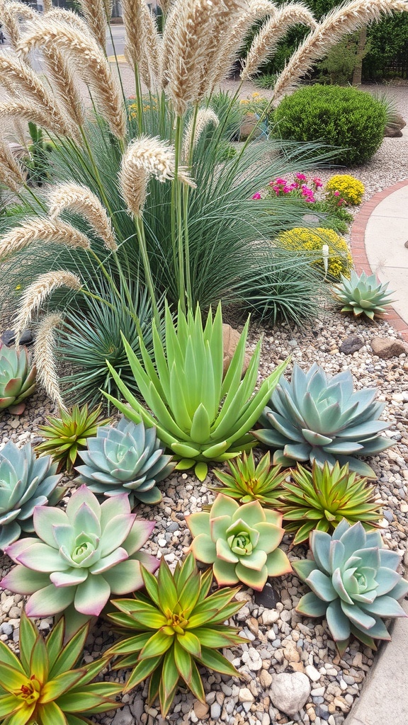 A drought-resistant plant bed featuring a variety of succulents and ornamental grasses in a decorative gravel setting.