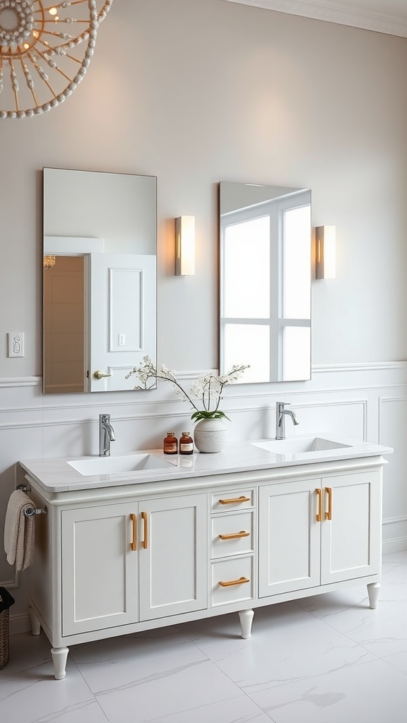 A modern bathroom featuring a dual sink vanity with a white finish and gold handles.