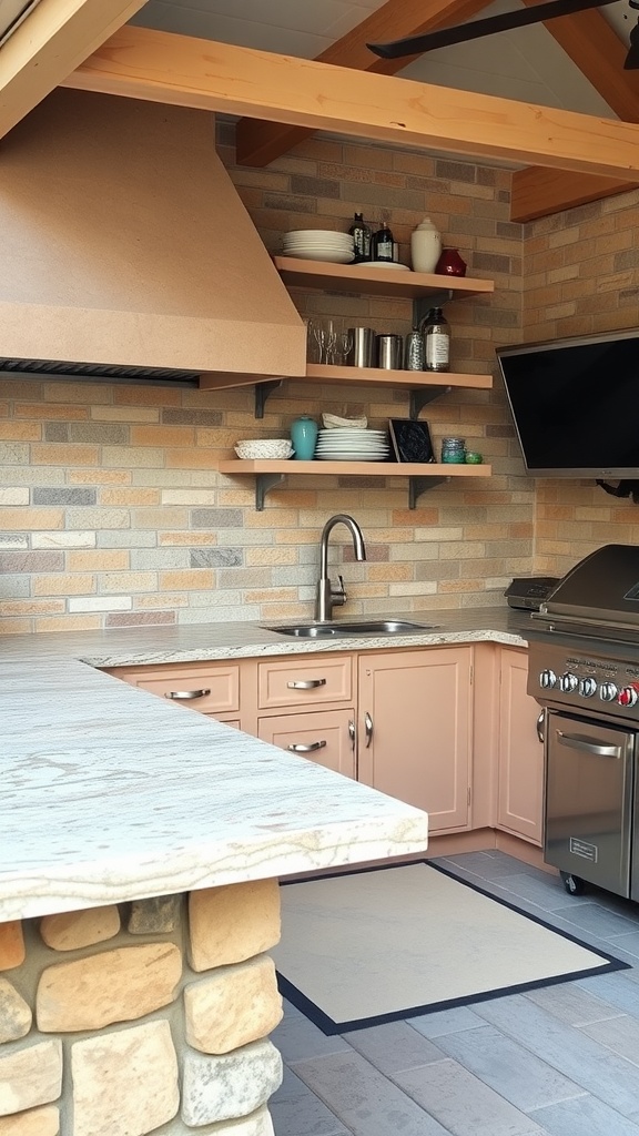 An outdoor kitchen featuring stone surfaces, sleek countertops, and weather-resistant cabinetry.