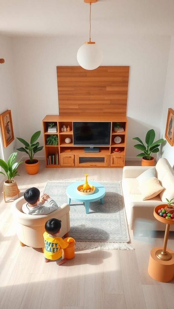 A bright and inviting living room with children, showcasing a dynamic family-friendly zone.