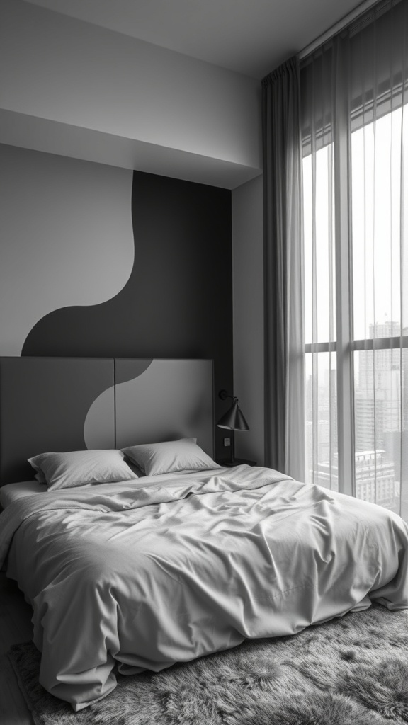 A modern bedroom featuring a gray bedspread, black accent wall, and large windows with sheer curtains.