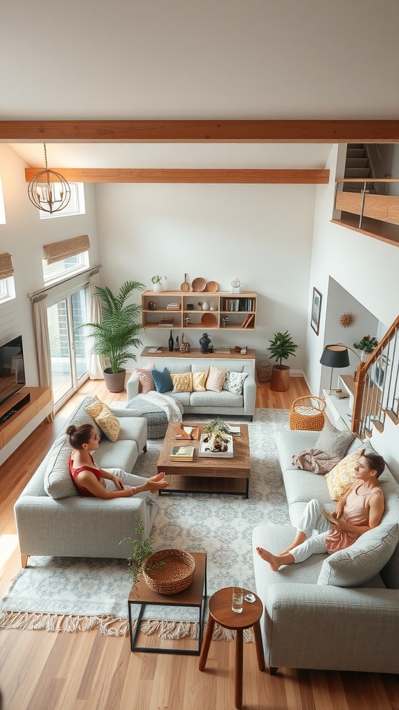 A cozy living room with two women sitting on gray sofas, colorful pillows, a wooden coffee table, and plants.