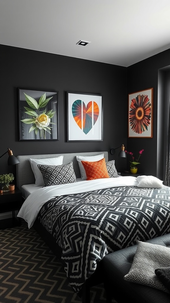 A stylish black bedroom featuring a geometric patterned duvet, colorful wall art, and accent pillows.
