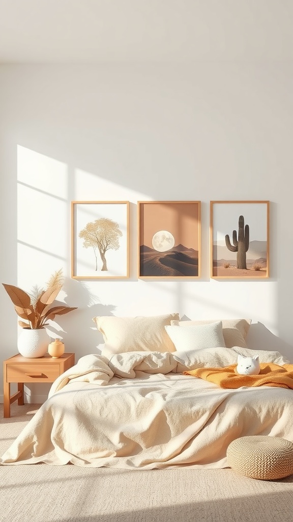 Cozy beige and brown bedroom featuring earthy artwork and decor