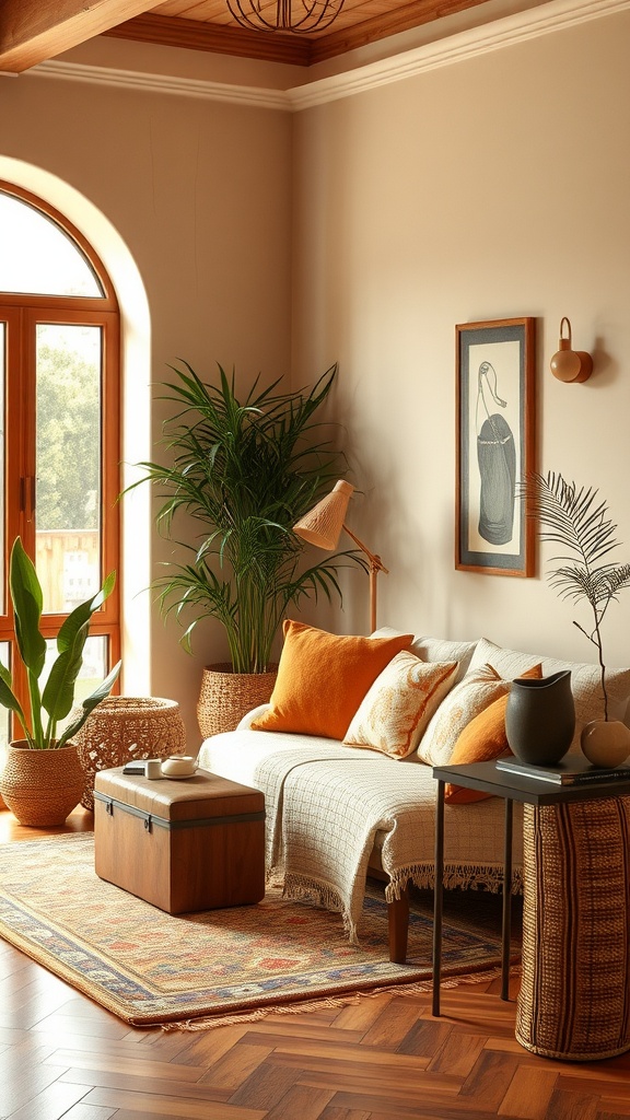 A cozy living room with earthy tones, featuring a beige wall, wooden flooring, orange cushions, plants, and woven decor.