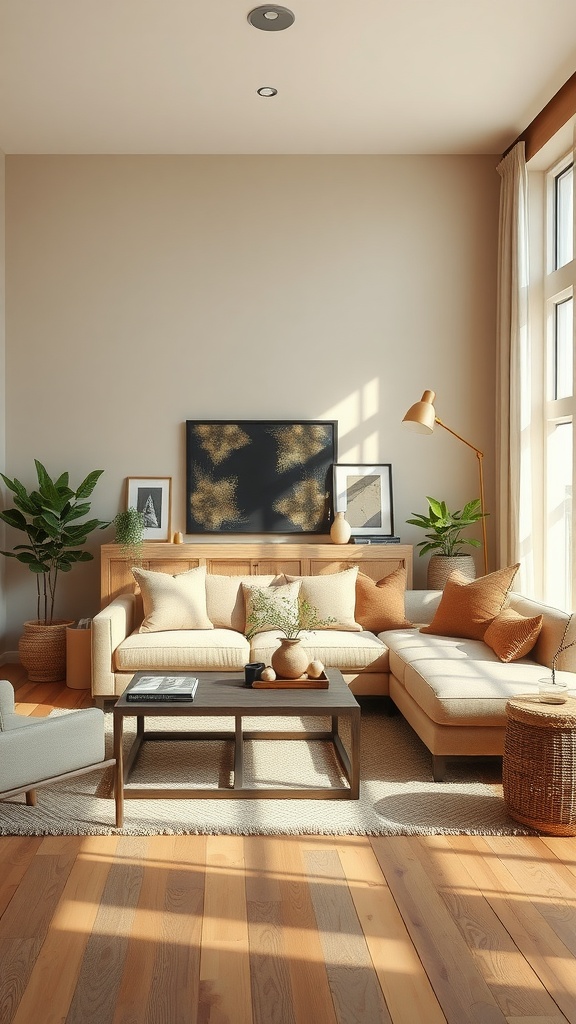 A cozy living room with earthy tones, featuring beige and brown furniture, green plants, and warm lighting.