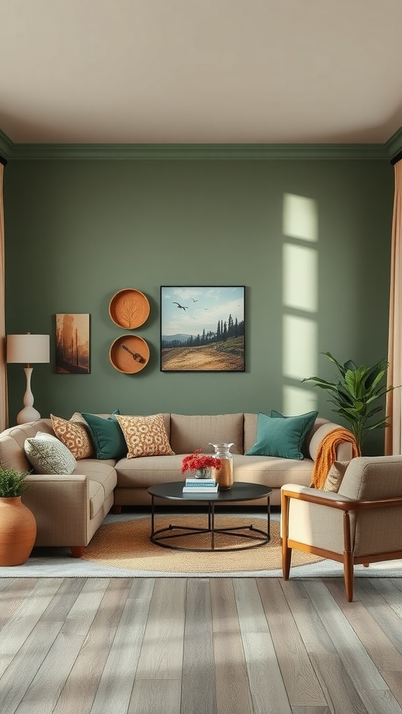 A cozy living room with a green wall, beige sofa, colorful cushions, and natural decor.